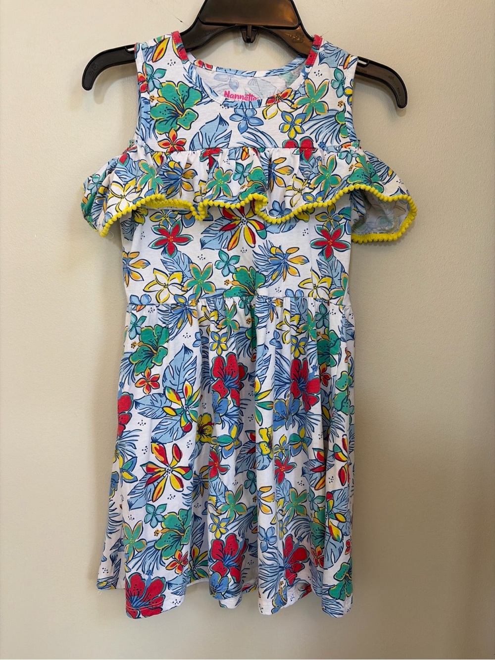 Nannette White Cold-Shoulder Dress with Red, Green, Blue & Yellow Floral Print